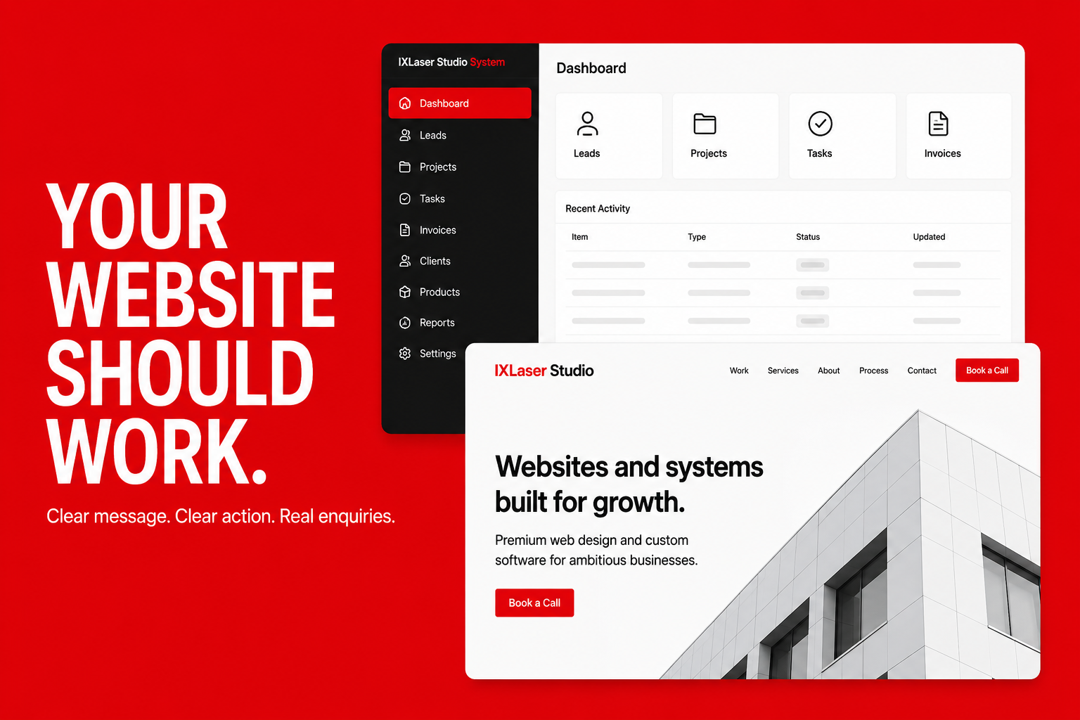 Desktop and mobile website mockups beside the message “Your website should work.”