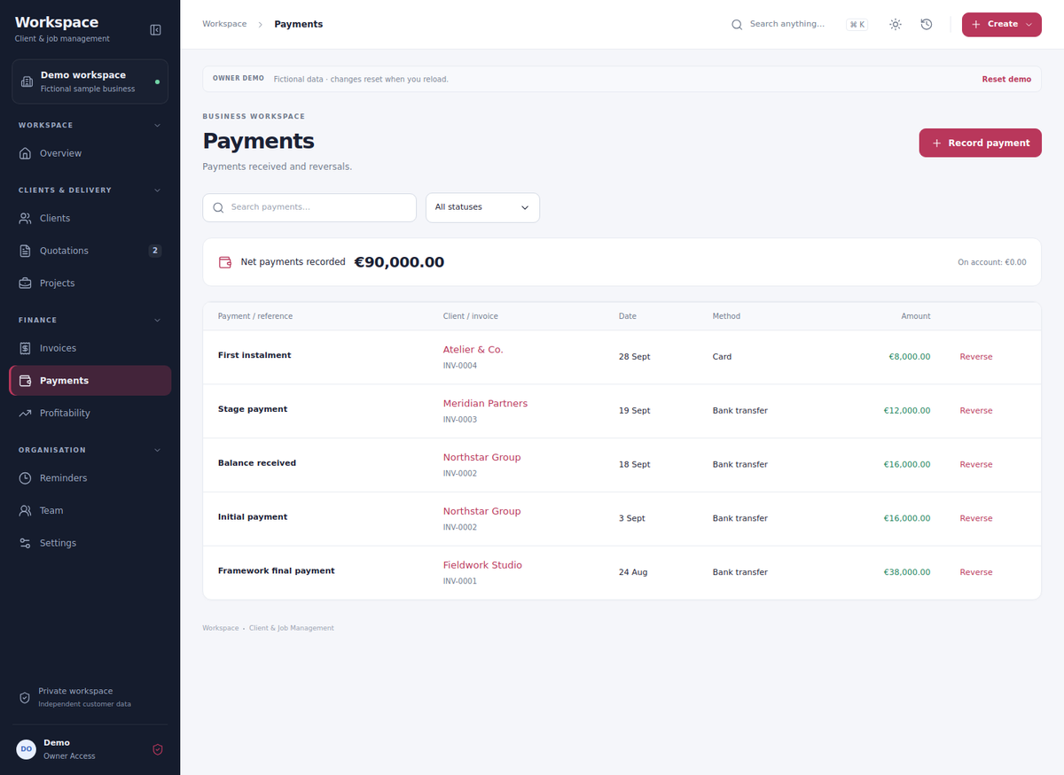 Record invoice payments or standalone receipts, with dates, methods, references and correction history.