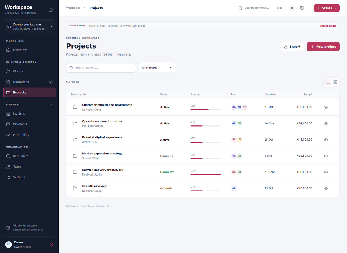 Keep project progress, deadlines, budgets and assigned team members in one view.