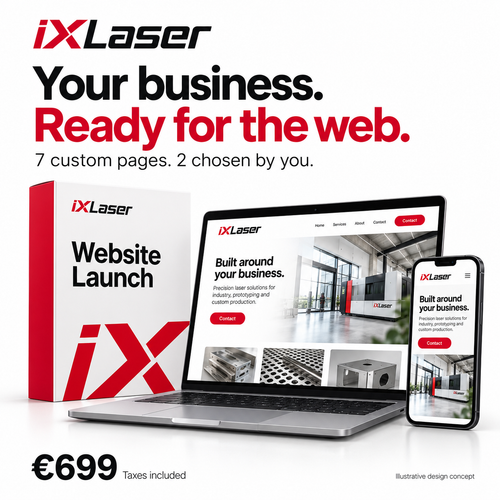 iXlaser seven-page website launch package with branded presentation box and illustrative desktop and mobile website designs. €699 including taxes. Hardware is not included.