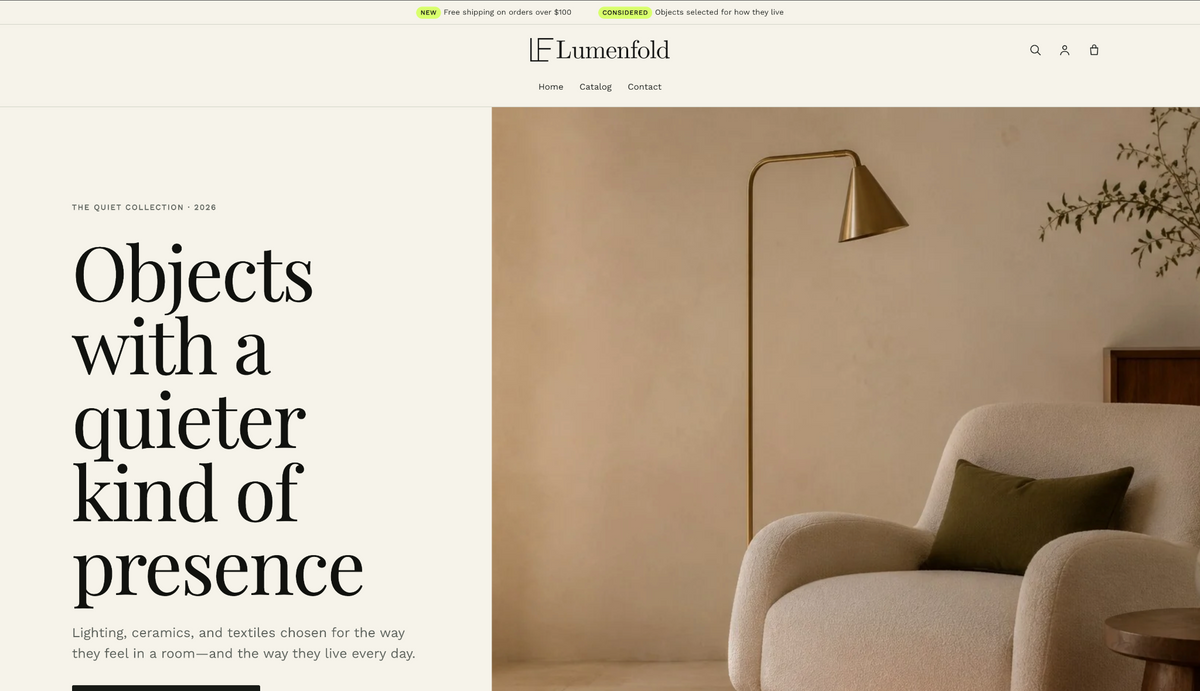 Lumenfold storefront preview with editorial typography and a neutral furniture collection
